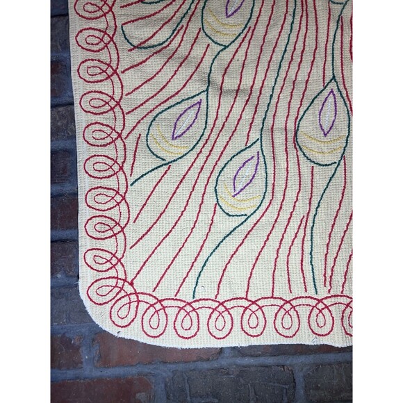 Vintage Chenille Peacock Rug Red Green Yellow White ~ 30”x55” 40-50’s Mod - Picture 15 of 16